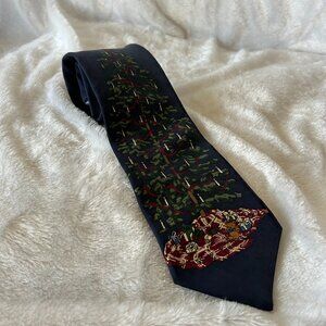 Britches Great Outdoors VTG Christmas Tree Tie Silk Blue Mens Holiday Teddy Bear